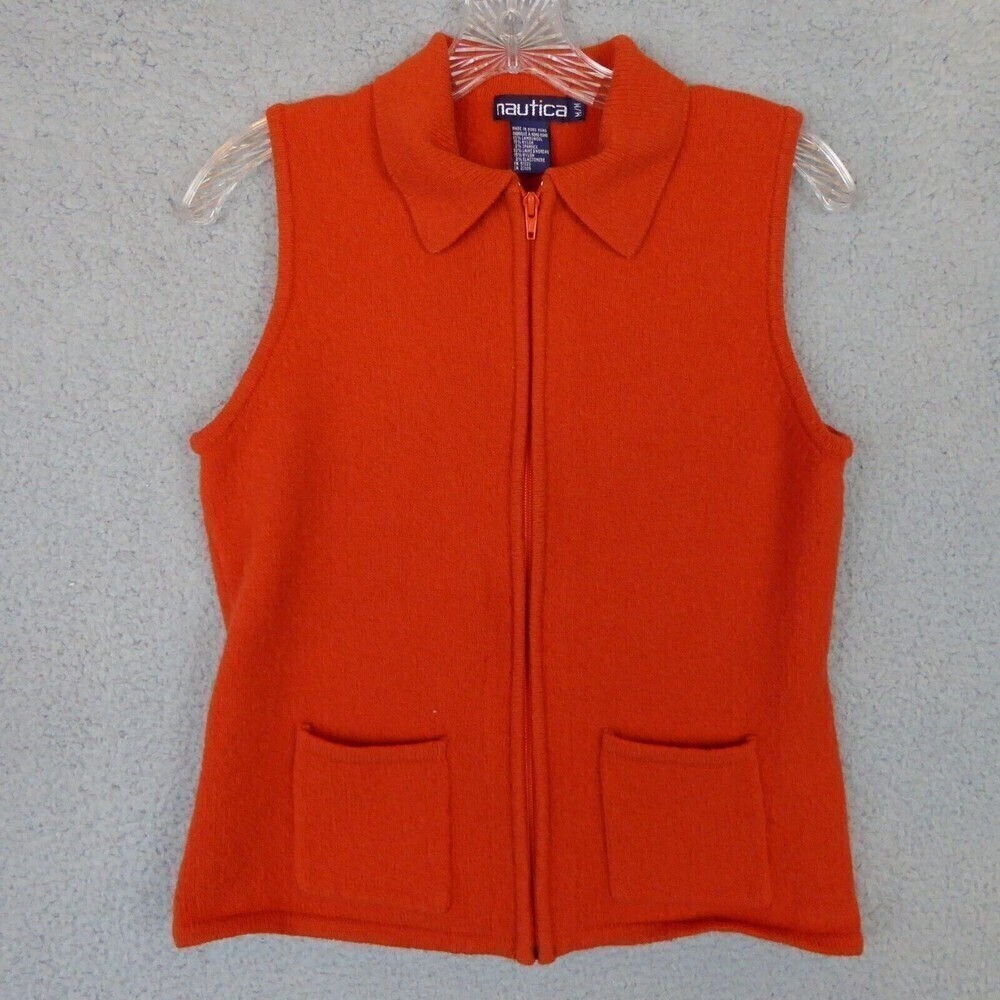 Vintage Nautica Vest Womens Medium Orange Full Zip Collared Lambswool Blend